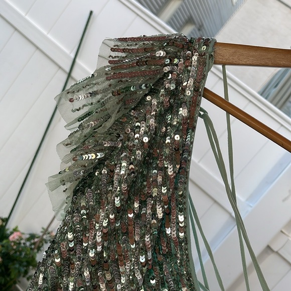 Mac Duggal - Sequined One Shoulder Flutter Sleeve A-Line Gown - Picture 6 of 16